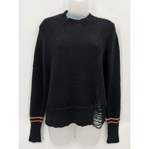 Raquel Allegra Pullover Sweater Size 1 Black Knit Cotton Long Sleeve Distressed - Picture 8 of 14